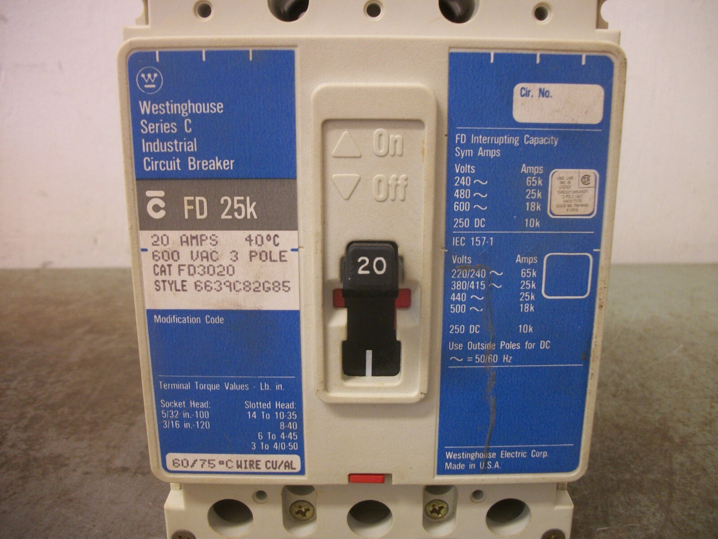 WESTINGHOUSE FD CIRCUIT BREAKER FD3020 20AMP 600VOLT 3POLE BLUE NOB