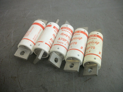 GOULD SHAWMUT LOT OF 5 AMP-TRAP TYPE 4 FUSES A70P70 70AMP 700VOLT