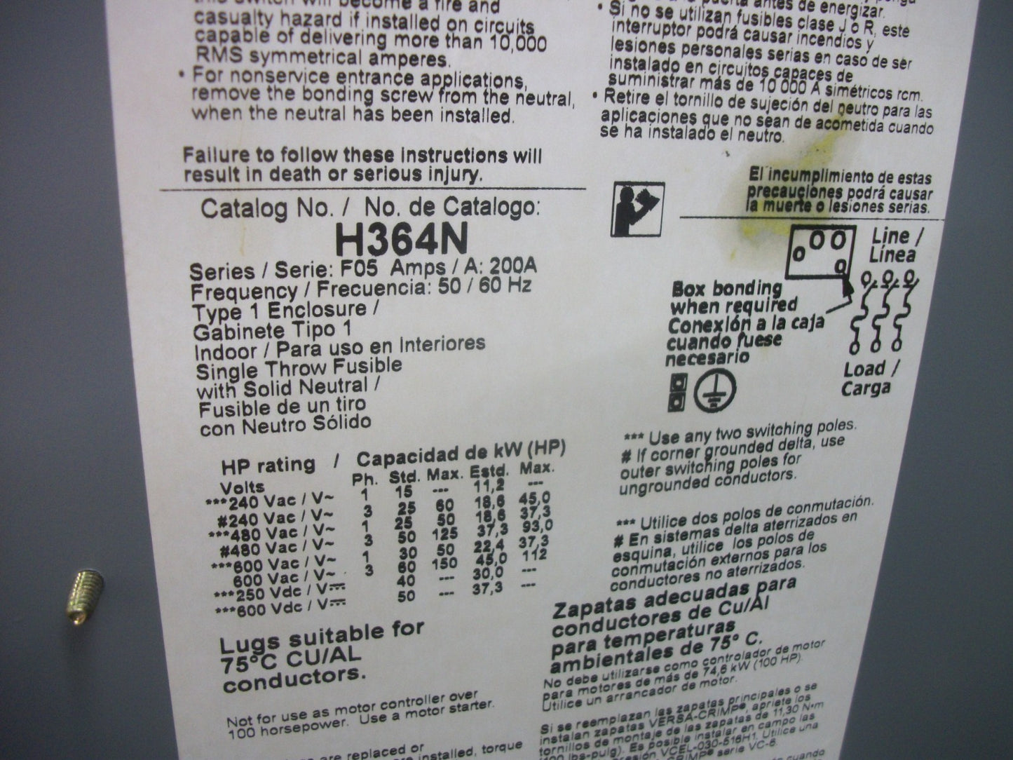 SQUARE D DISCONNECT TYPE 1 H364N 200AMP 600VOLT 3POLE FUSIBLE