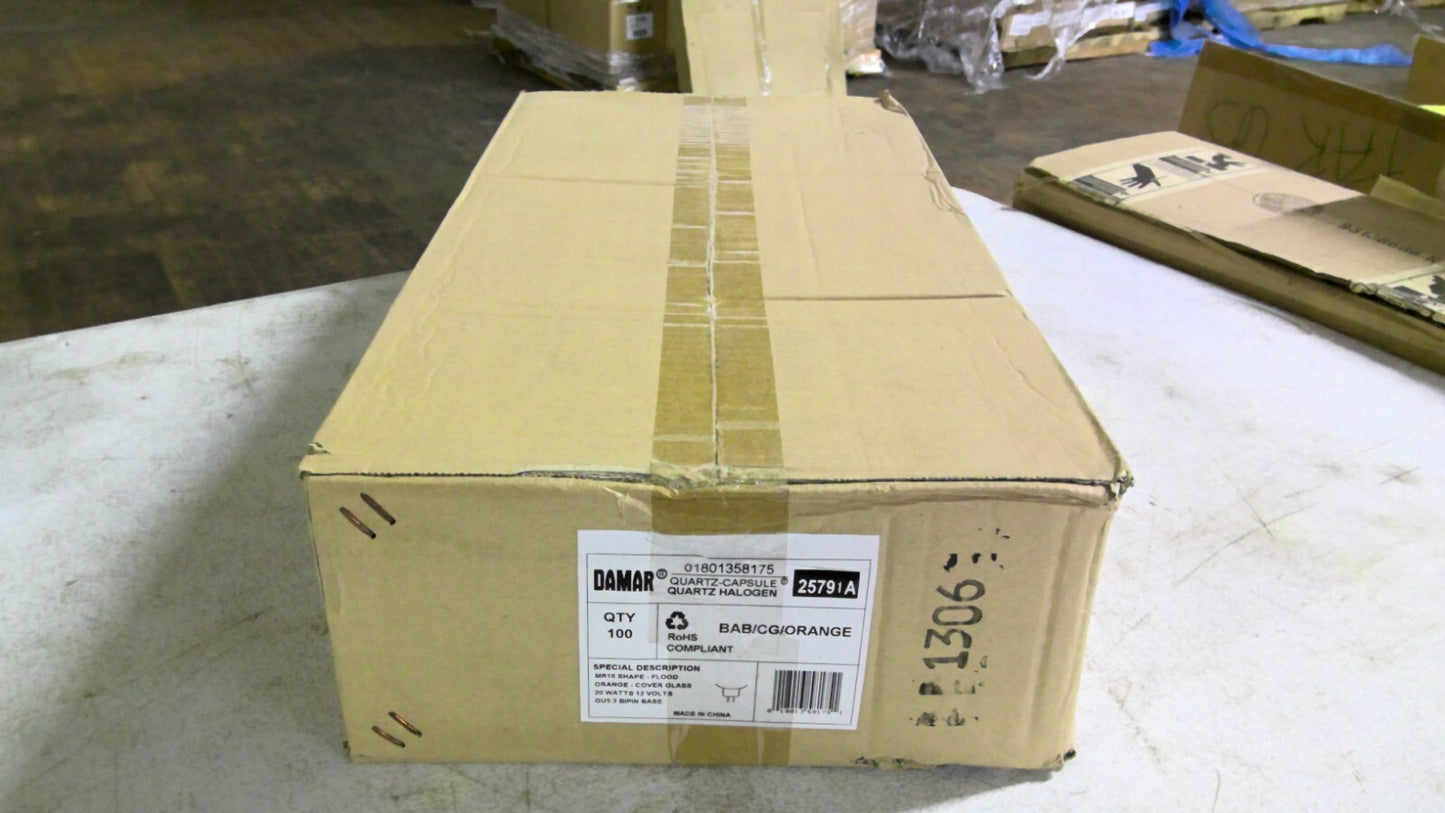 DAMAR 25791A BOX OF 100 MR16 FLOOD ORANGE QUARTZ HALOGEN BULBS BAB/CG/ORANGE NIB