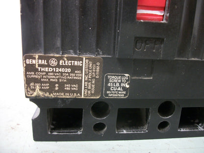 GE THED CIRCUIT BREAKER THED124020 20AMP 480VOLT 2POLE BLACK