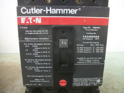 CUTLER-HAMMER FS CIRCUIT BREAKER FS340040A 40AMP 480VOLT 3POLE