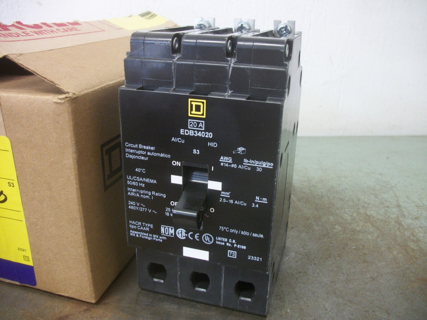 SQUARE D EDB CIRCUIT BREAKER EDB34020 20AMP 480VOLT 3POLE NIB