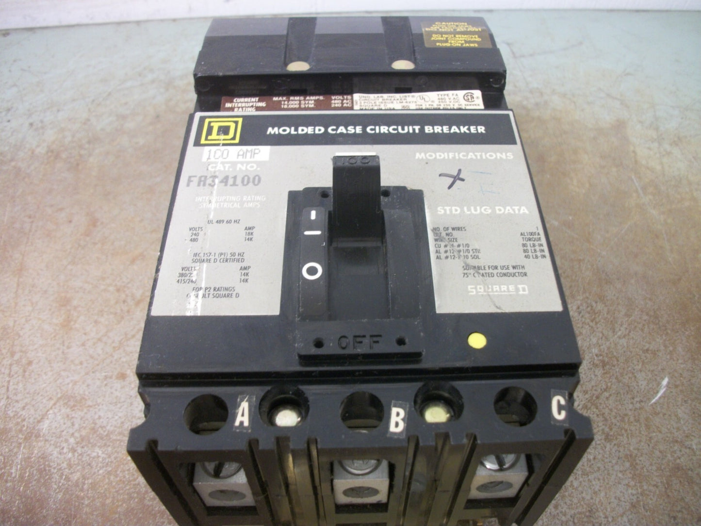 SQUARE D I-LINE FA CIRCUIT BREAKER FA34100 100AMP 480VOLT 3POLE GRAY