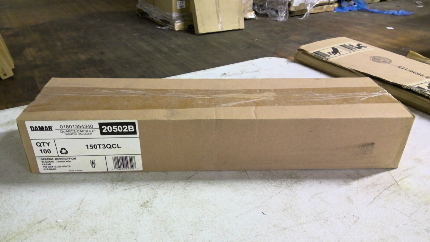 DAMAR 20502B BOX OF 100 T3 CLEAR QUARTZ-CAPSULE HALOGEN BULBS 150T3QCL 150W NIB
