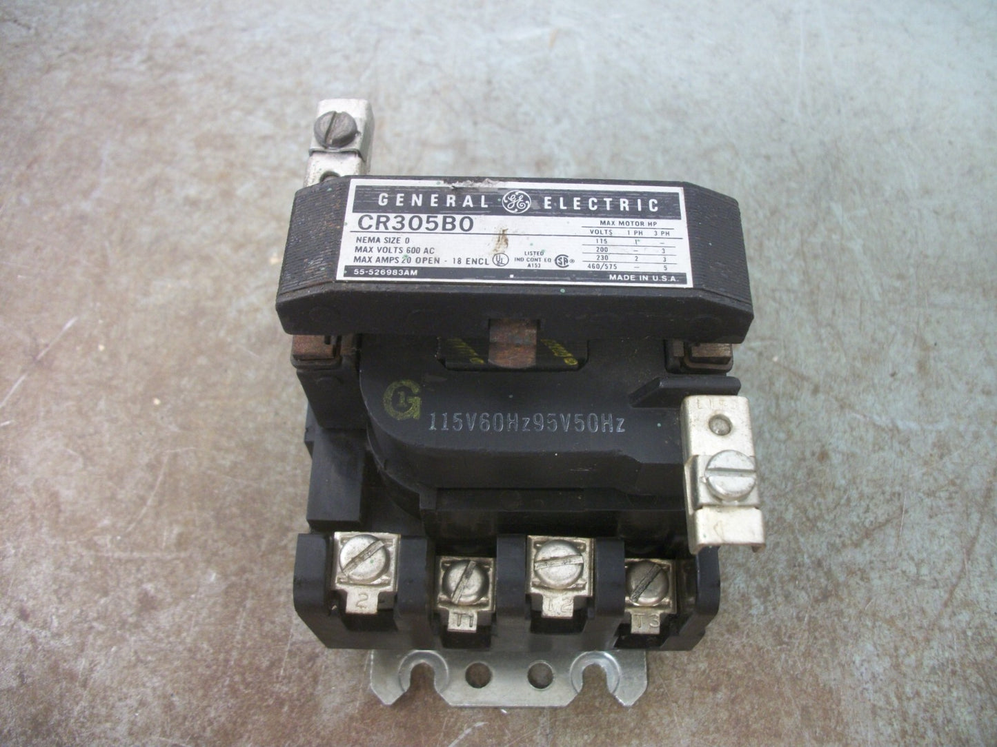 GE SIZE 0 CONTACTOR CR305B0 20AMP 115VCOIL 3PH 600V 5HP