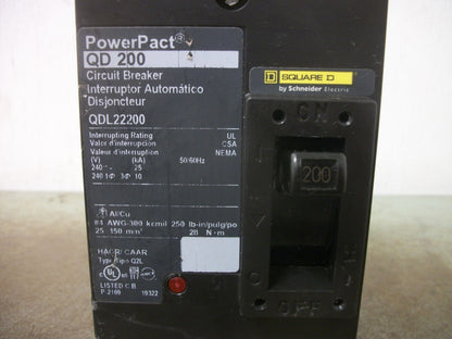 SQUARE D POWERPACT QD CIRCUIT BREAKER QDL22200 200AMP 240VOLT 2POLE