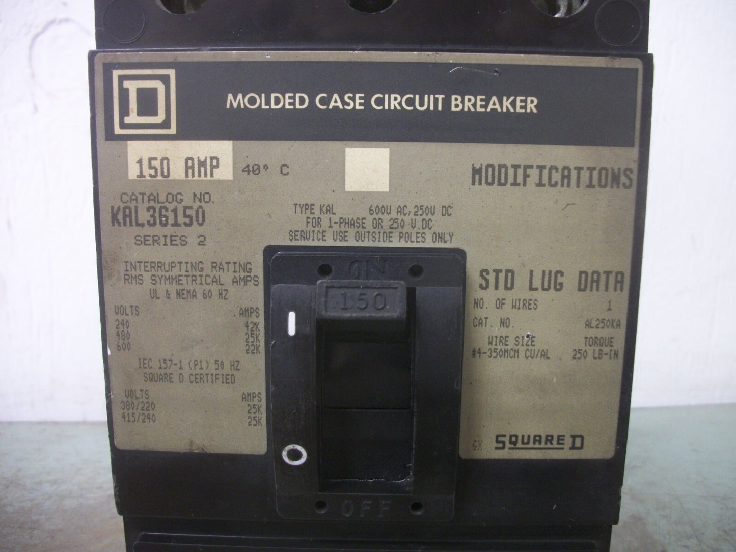 SQUARE D KAL CIRCUIT BREAKER KAL36150 150AMP 600VOLT 3POLE GRAY
