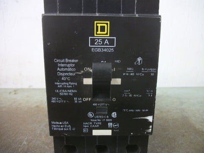 SQUARE D EGB CIRCUIT BREAKER EGB34025 25AMP 480VOLT 3POLE