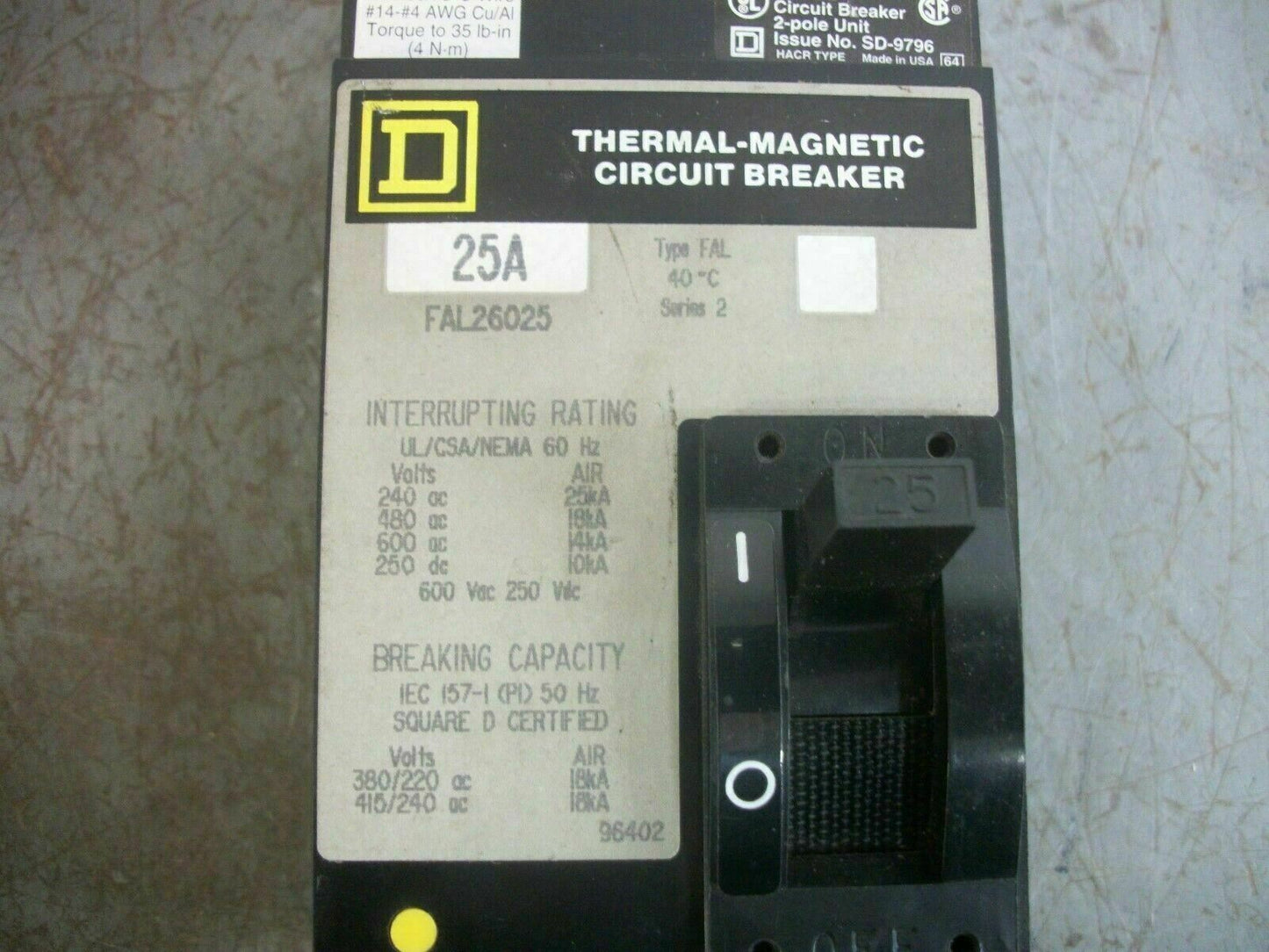 SQUARE D FAL CIRCUIT BREAKER FAL26025 25AMP 600VOLT 2POLE GRAY NOB