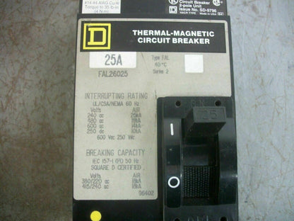 SQUARE D FAL CIRCUIT BREAKER FAL26025 25AMP 600VOLT 2POLE GRAY NOB