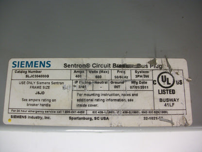SIEMENS SENTRON CIRCUIT BREAKER BUS PLUG SLJC304000G 400AMP 600VOLT 3PH 3W