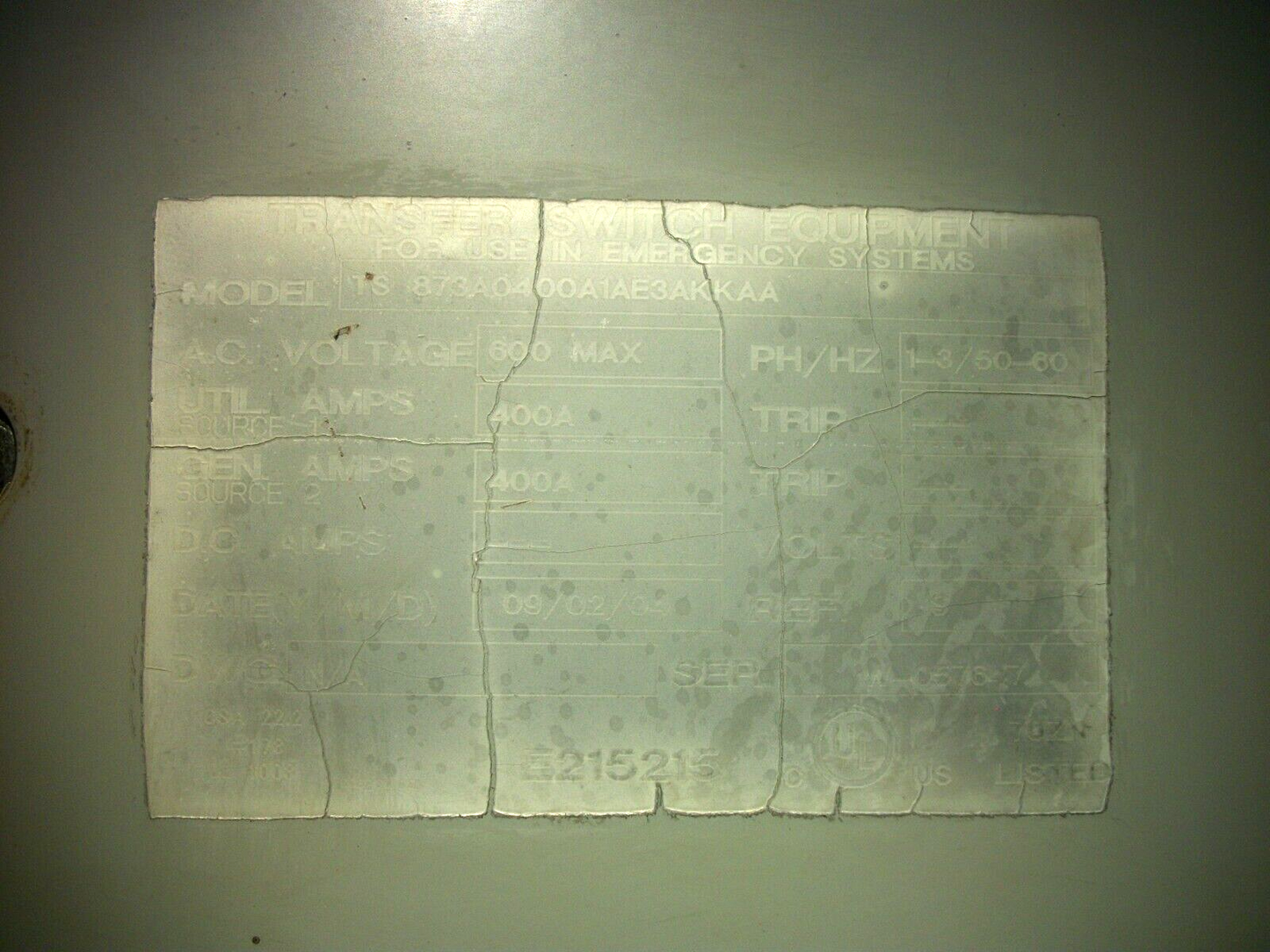 THOMSON AUTOMATIC TRANSFER SWITCH TS873A0400A1AE3AKKAA 400AMP 600VOLT 3PH