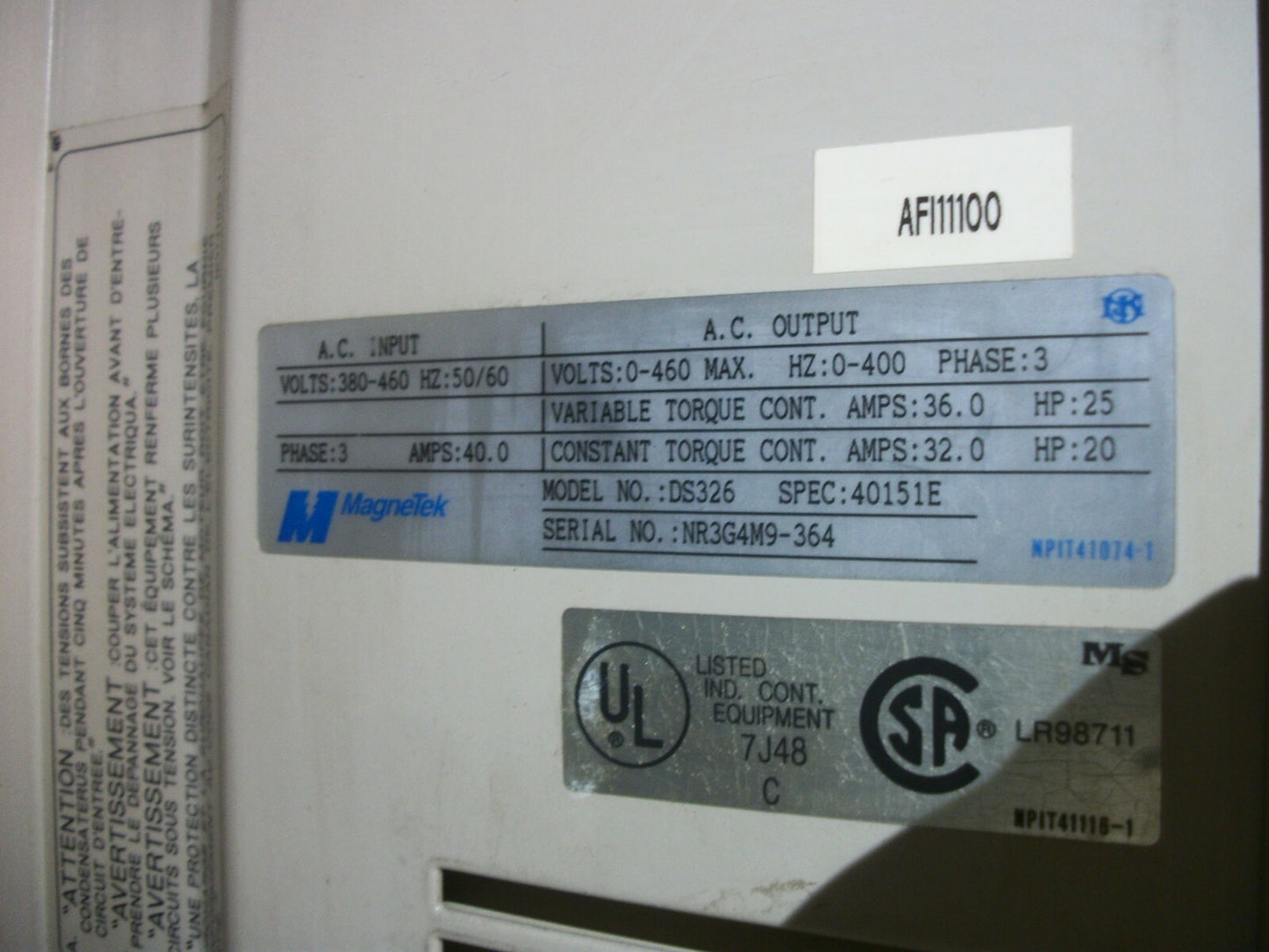 MAGNETEK GPD 503 25HP VARIABLE FREQUENCY AC DRIVE DS326 460VOLT 3PH 36AMP