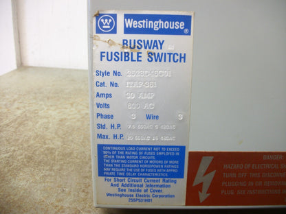 WESTINGHOUSE FUSIBLE BUS PLUG ITAP361 30AMP 600VOLT 3PH 3W