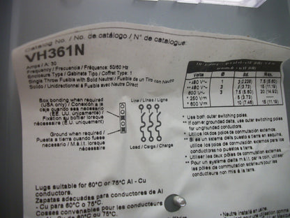 SQUARE D DISCONNECT TYPE 1 VH361N 30AMP 600VOLT 3POLE FUSIBLE