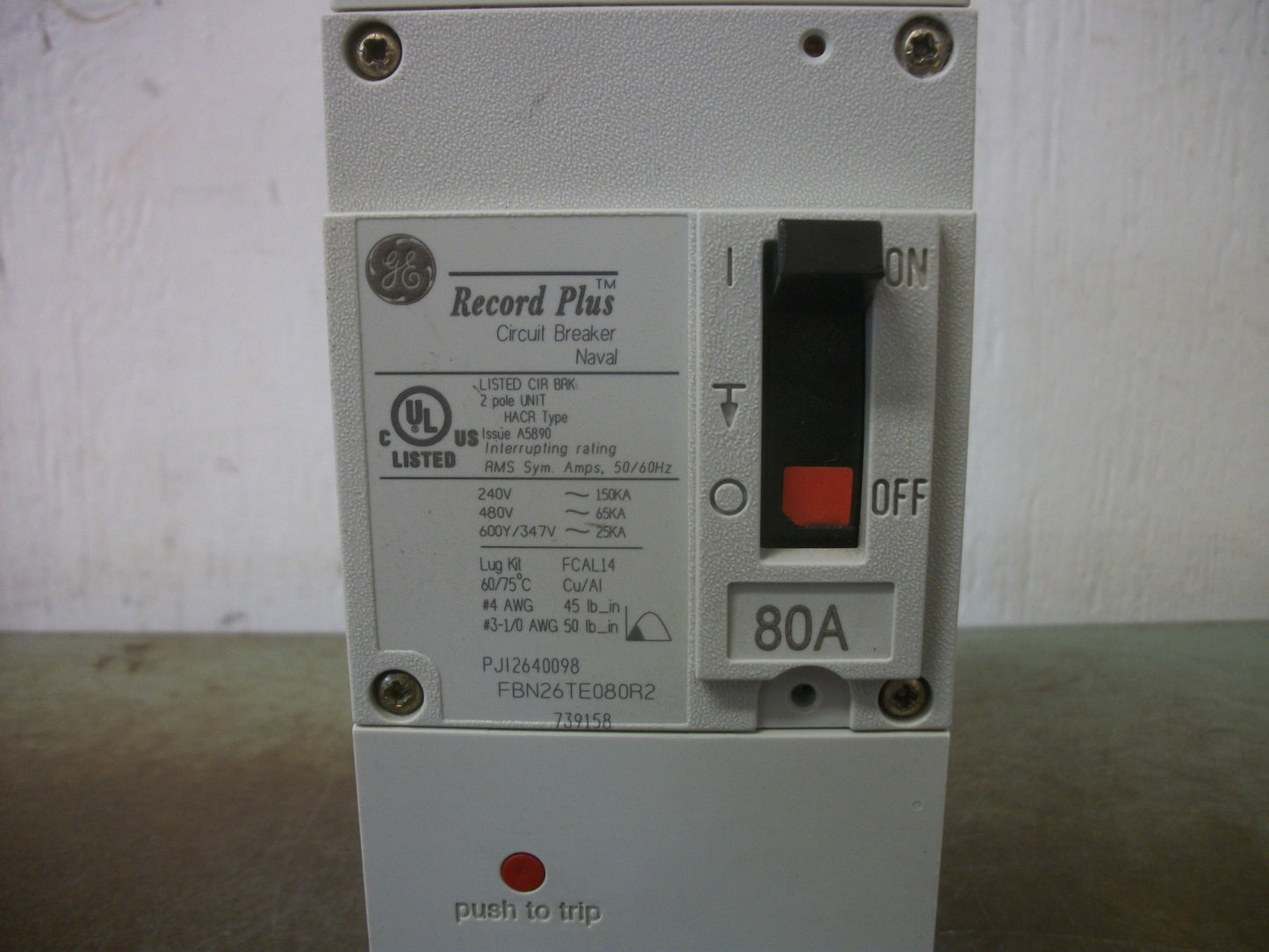 GE RECORD PLUS CIRCUIT BREAKER FBN26TE080R2 80AMP 600VOLT 2POLE
