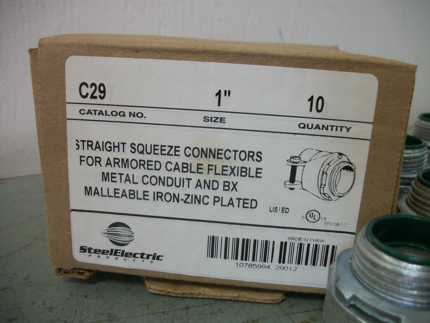 STEEL ELECTRIC BOX OF 10 1" STRAIGHT SQUEEZE CONNECTORS C29 NIB