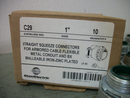 STEEL ELECTRIC BOX OF 10 1" STRAIGHT SQUEEZE CONNECTORS C29 NIB