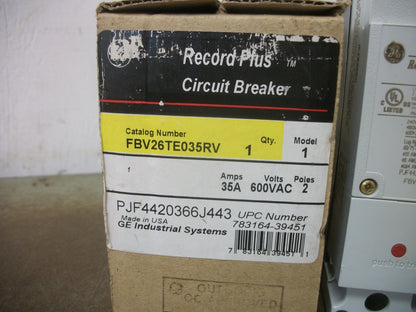 GE RECORD PLUS CIRCUIT BREAKER FBV26TE035RV 35AMP 600VOLT 2POLE NIB