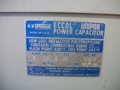 SPRAGUE ECCOL UNIPAK POWER CAPACITOR 343PMU 3KVAR 480VOLT 3PH