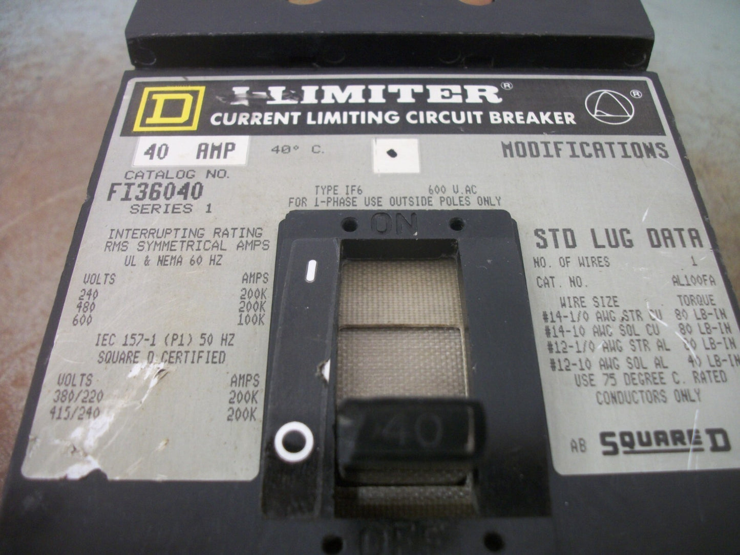 SQUARE D I-LIMITER I-LINE FI CIRCUIT BREAKER FI36040 40AMP 600VOLT 3POLE GRAY