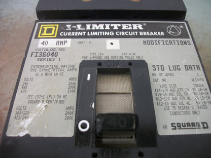 SQUARE D I-LIMITER I-LINE FI CIRCUIT BREAKER FI36040 40AMP 600VOLT 3POLE GRAY