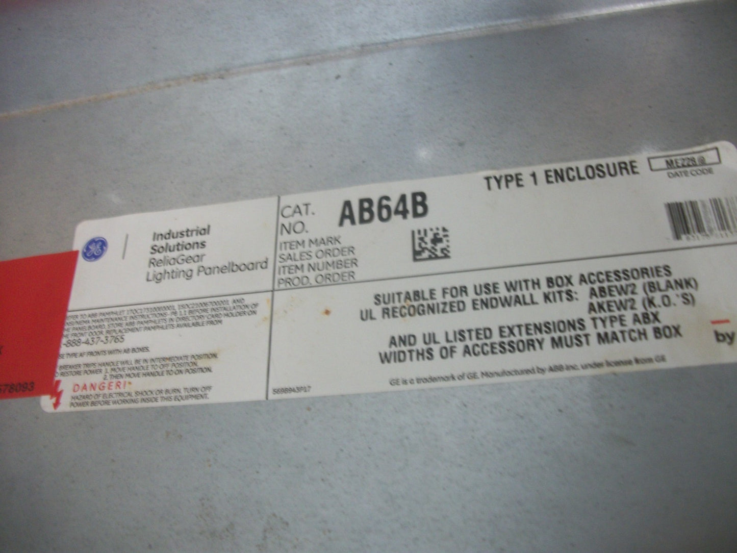 GE A-SERIES II 64" PANELBOARD BOX ENCLOSURE TYPE 1 AB64B NOB
