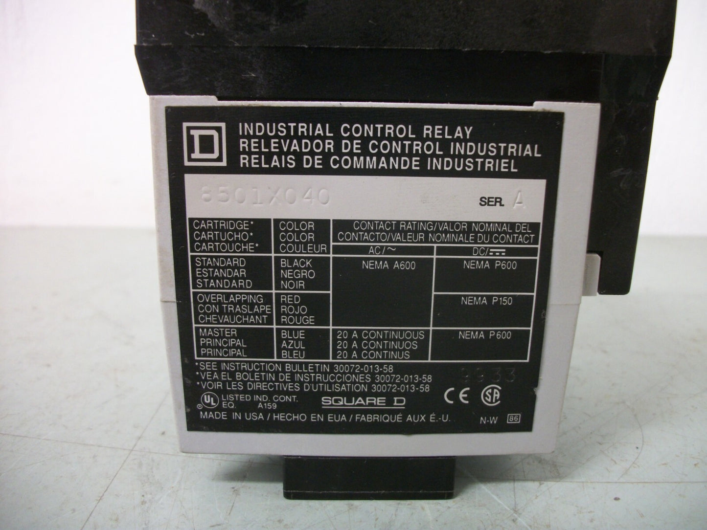 SQUARE D 8501X040 AC CONTROL RELAY 8501XO40 120VCOIL