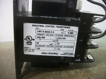 ALLEN-BRADLEY 80VA 1PH TRANSFORMER 1497-B-BASX-3-N HV 240X480 LV 120