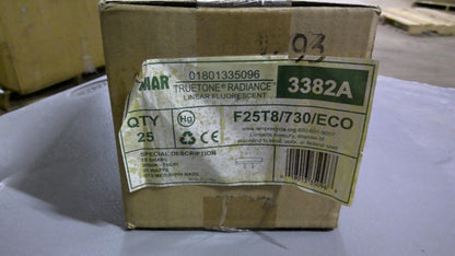 DAMAR 3382A BOX OF 25 T8 3000K FLOURESCENT BULBS F25T8/730/ECO NIB