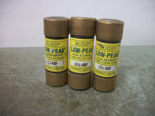BUSSMANN LOT OF 3 LOW-PEAK FUSES LPJ-6SP 6AMP 600VOLT