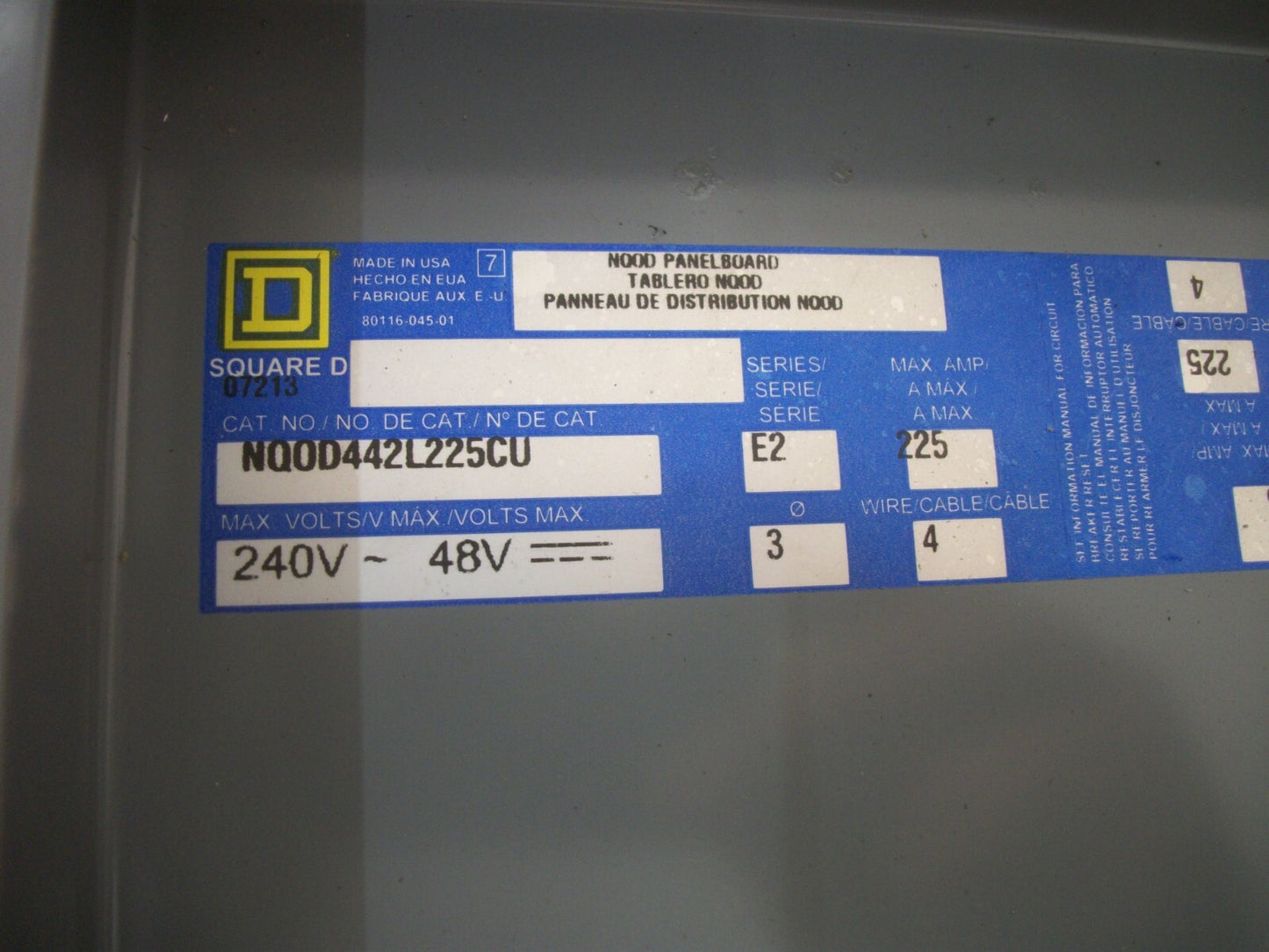 SQUARE D NQOD LOAD CENTER PANELBOARD NQOD442L225CU 225AMP 240VOLT 3PH