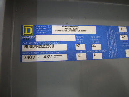 SQUARE D NQOD LOAD CENTER PANELBOARD NQOD442L225CU 225AMP 240VOLT 3PH