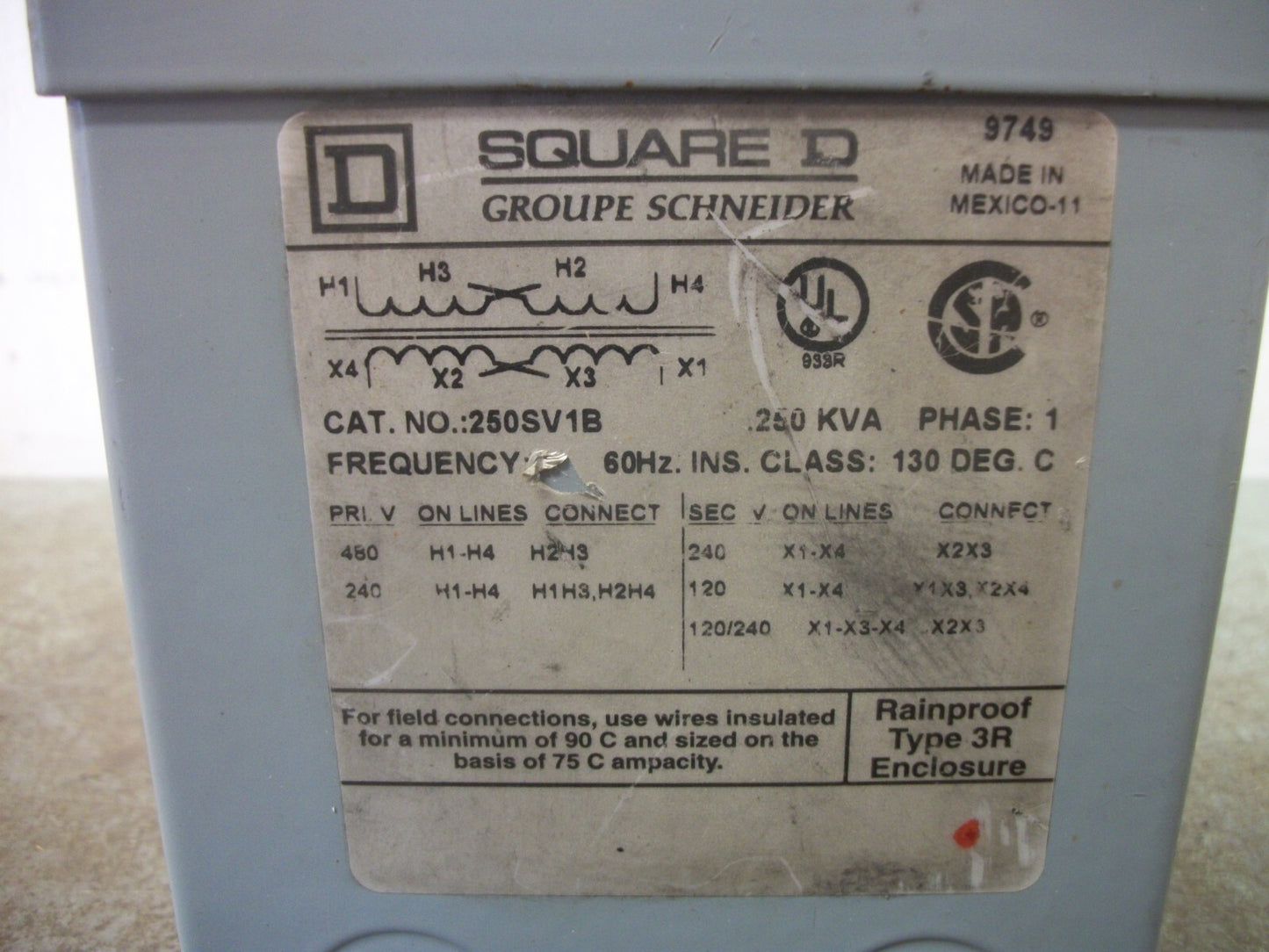 SQUARE D .250KVA 1PH TRANSFORMER 250SV1B HV 480X240 LV 120/240