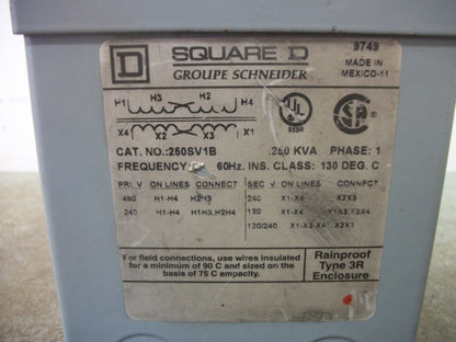 SQUARE D .250KVA 1PH TRANSFORMER 250SV1B HV 480X240 LV 120/240