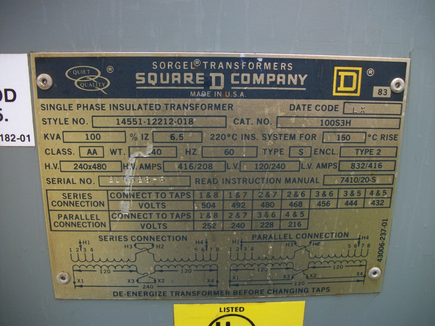 SQUARE D SORGEL 100KVA 1PH TRANSFORMER 100S3H HV 240X480 LV 120/240
