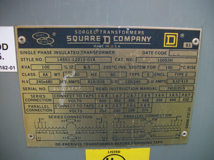SQUARE D SORGEL 100KVA 1PH TRANSFORMER 100S3H HV 240X480 LV 120/240