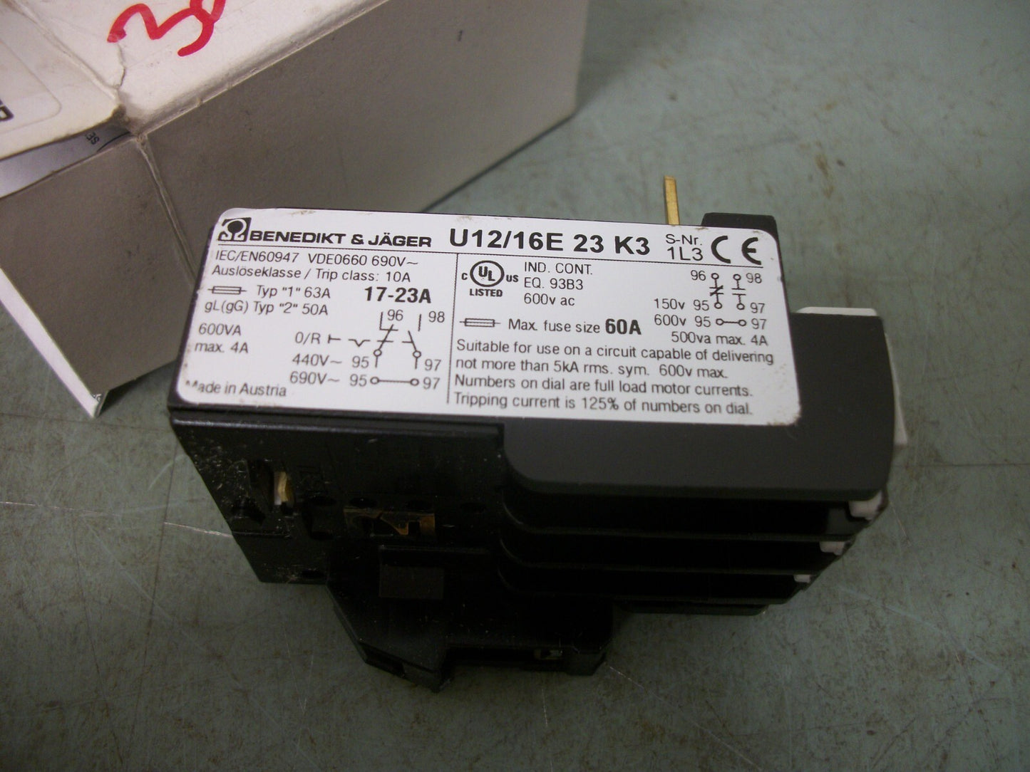 BENEDIKT & JAGER THERMAL OVERLOAD RELAY U12/16E 23 K3 17-23AMP NIB