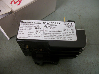 BENEDIKT & JAGER THERMAL OVERLOAD RELAY U12/16E 23 K3 17-23AMP NIB