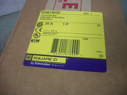 SQUARE D EDB CIRCUIT BREAKER EDB14020 20AMP 277VOLT 1POLE NIB
