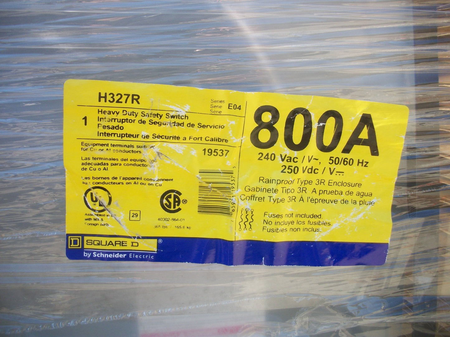 SQUARE D DISCONNECT TYPE 3R H327R 800AMP 240VOLT 3POLE FUSIBLE NEW