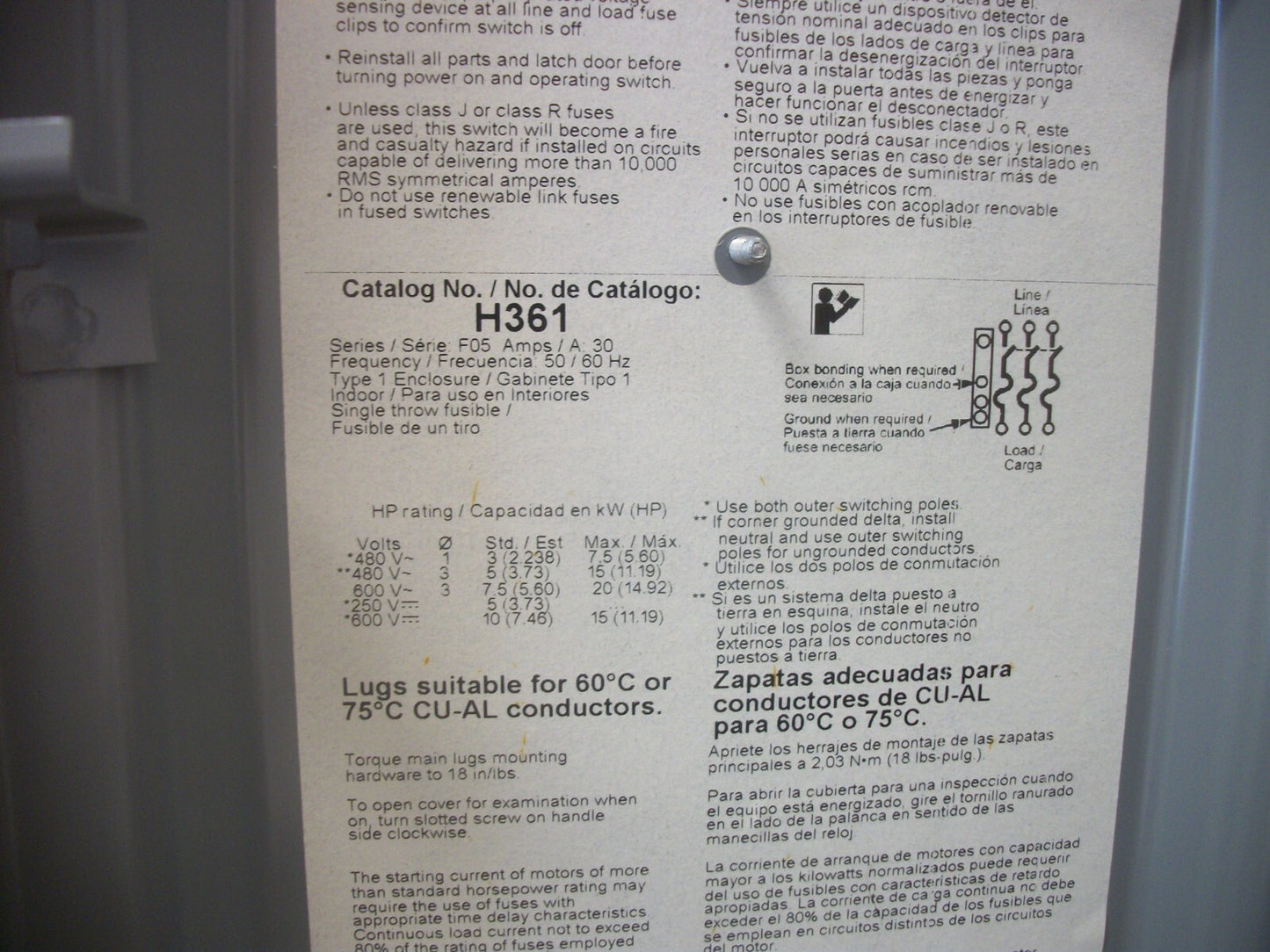 SQUARE D DISCONNECT TYPE 1 H361 30AMP 600VOLT 3POLE FUSIBLE