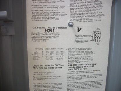 SQUARE D DISCONNECT TYPE 1 H361 30AMP 600VOLT 3POLE FUSIBLE