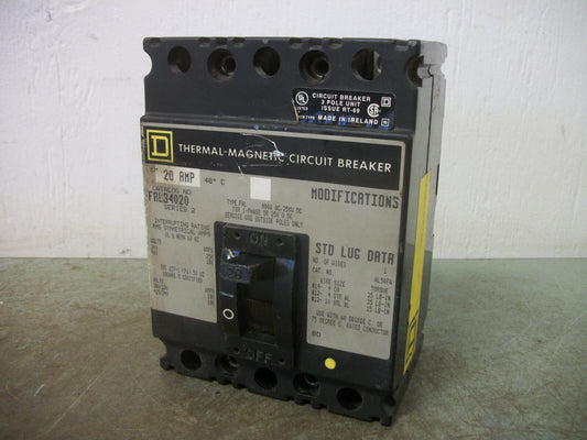 SQUARE D FAL CIRCUIT BREAKER FAL34020 20AMP 480VOLT 3POLE GRAY