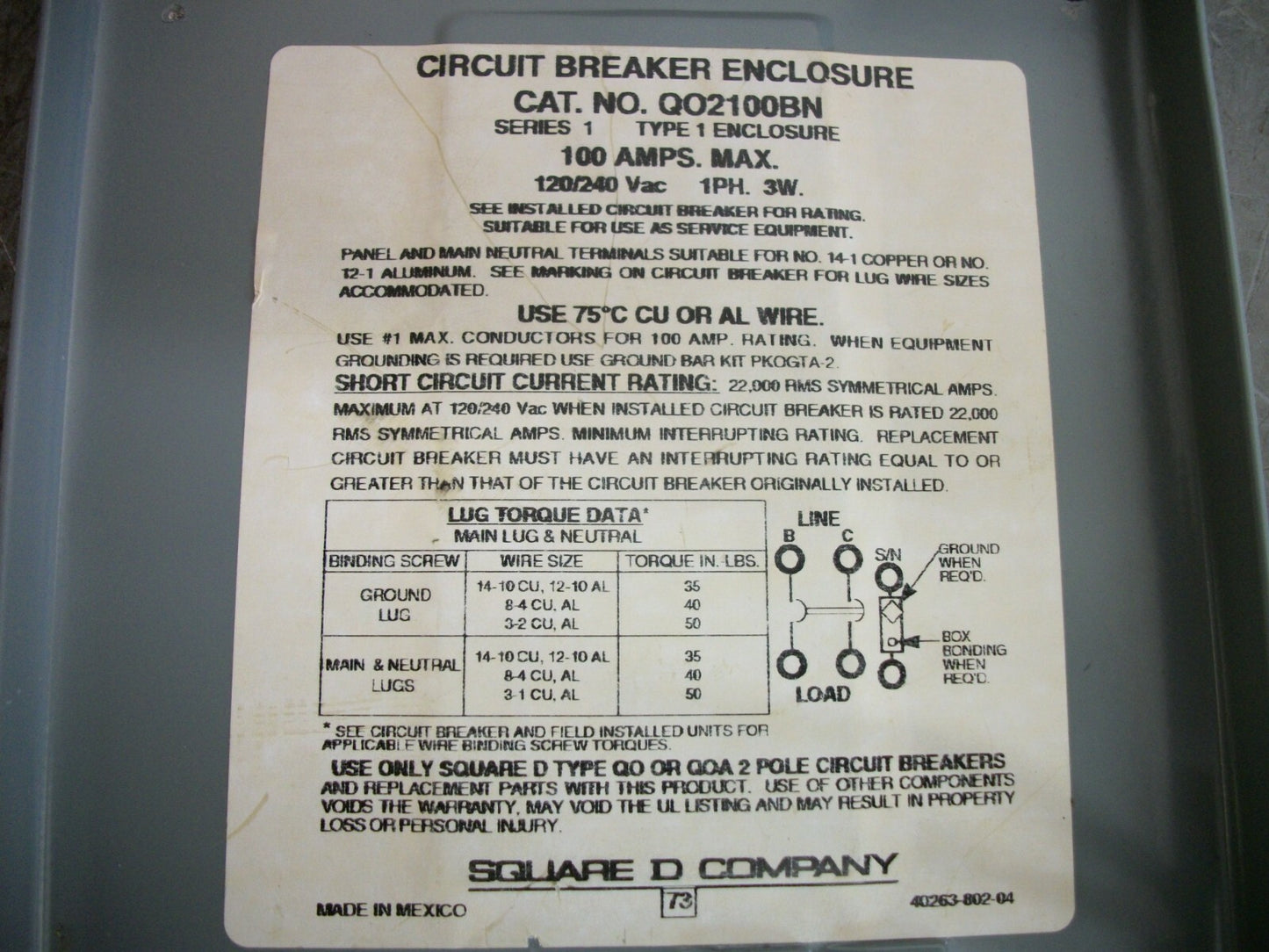 SQUARE D QO2100BN ENCL AFCI CIRCUIT BREAKER QO115CAFI 15AMP 120VOLT 1POLE