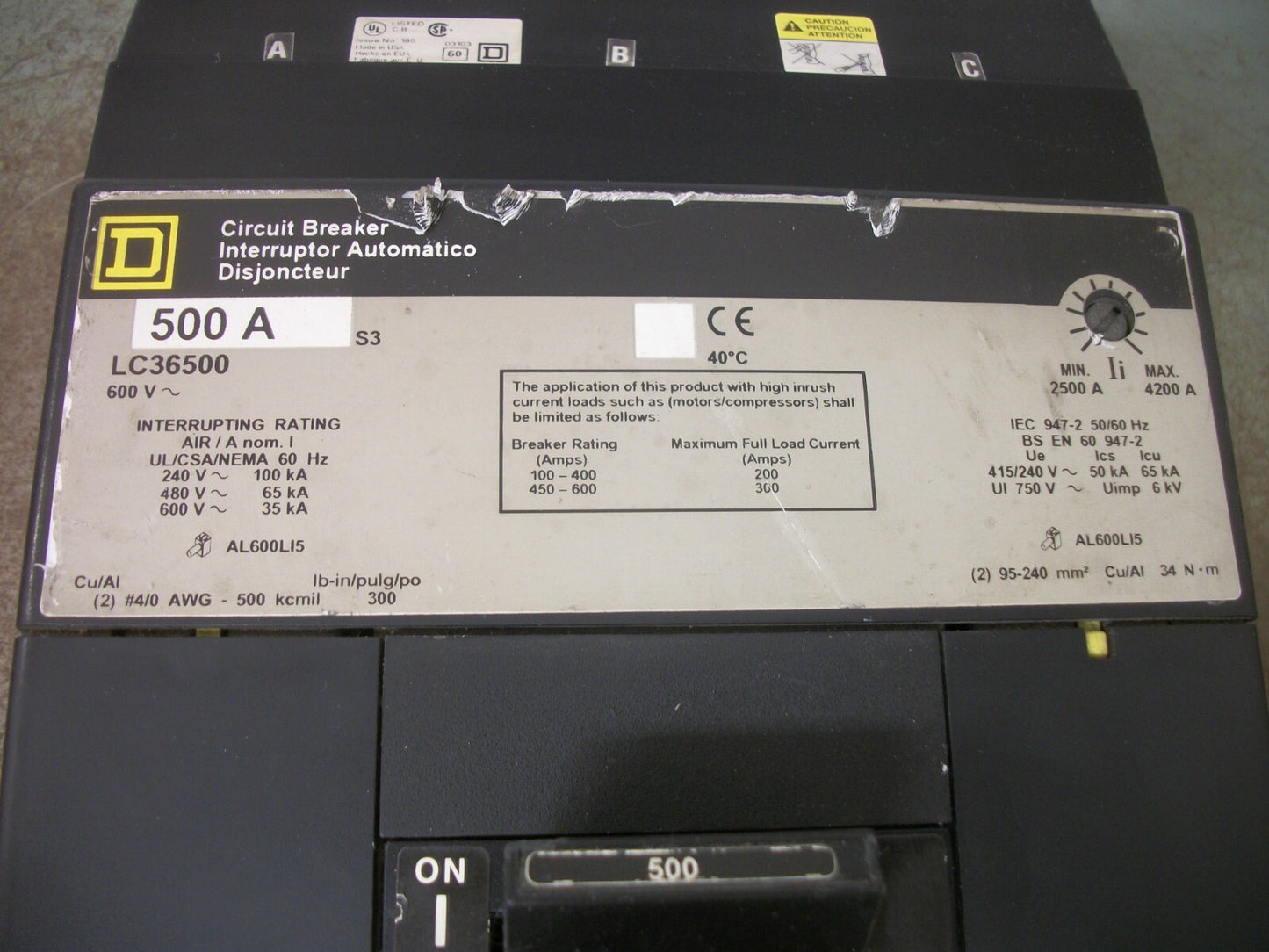 SQUARE D I-LINE LC CIRCUIT BREAKER LC36500 500AMP 600VOLT 3POLE GRAY