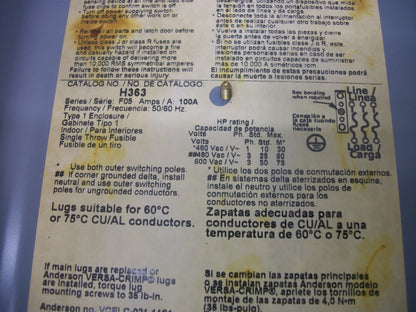 SQUARE D DISCONNECT TYPE 1 H363 100AMP 600VOLT 3POLE FUSIBLE MISS ARC SHIELD