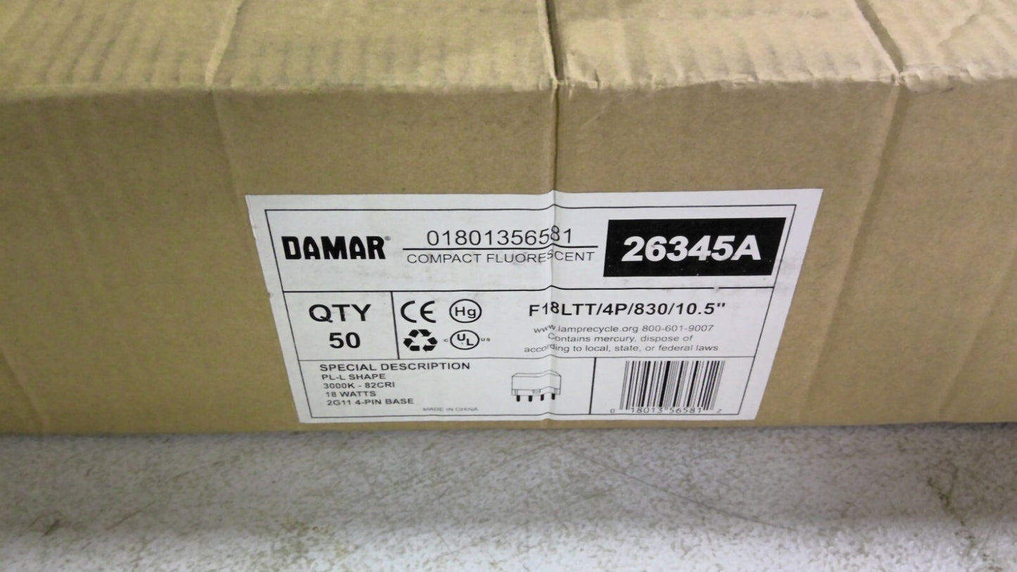 DAMAR 26345A BOX OF 50 PL-L 3000K COMPACT FLUORESCENT BULBS F18LTT/4P/830/10.5"