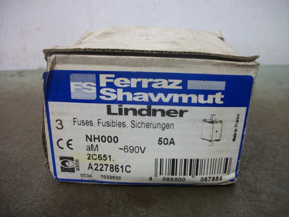 FERRAZ-SHAWMUT BOX OF 3 LINDNER FUSES NH000 50AMP 690VOLT NIB